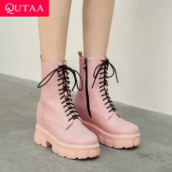 

QUTAA 2021 Height Increasing Fashion Mid Calf Boots Platform Round Toe Women Shoes PU Lace Up Zipper Short Boots Big Size 34-43