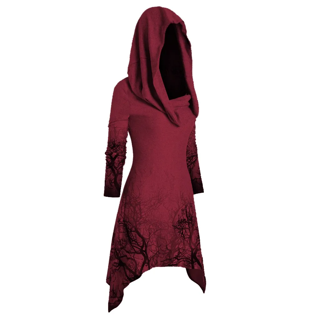 Women's Irregular Hoodies Sweatshirt Halloween Tree Print Convertible Collar Asymmetrical Knitwear Cloak Pullovers Tops Gothic