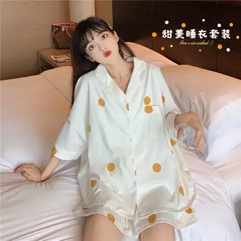 

Silk Pajamas for Women Summer Home Suit Pigiama Donna Pyjama Satin Femme Pijama Verano Mujer Polka Dot Home Clothes for Women