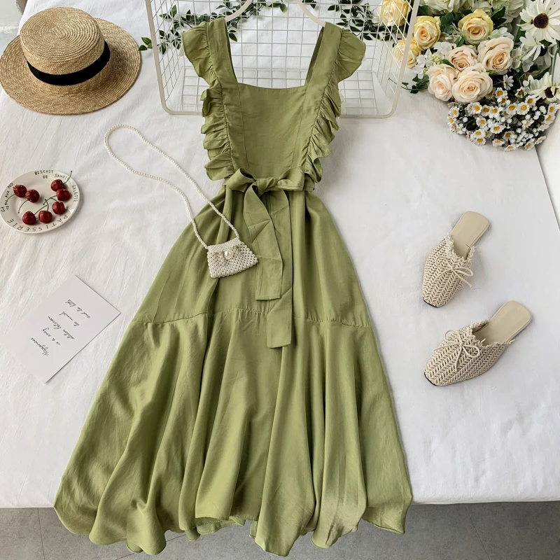 

French Niche Dress Super Fairy Ruffled Sleeveless Summer Dress Avocado Green Over The Knee Women Dress 2019 Ladies Dresses