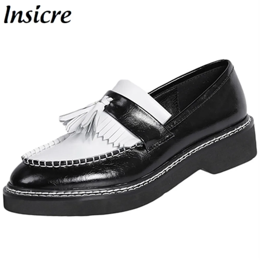 

Insicre Women Pumps Low Heels Patchwork Tassel Platform 2020 Spring Cow Leather Female Casual Shoes Genuine Leather Black
