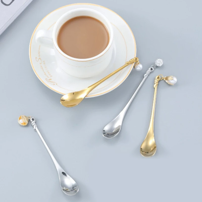Stainless Steel coffee spoon Creative Pearl Pendan Afternoon Teaspoon Mixing Stirring Spoon Dessert Table Decor Tool 2021 | Дом и сад