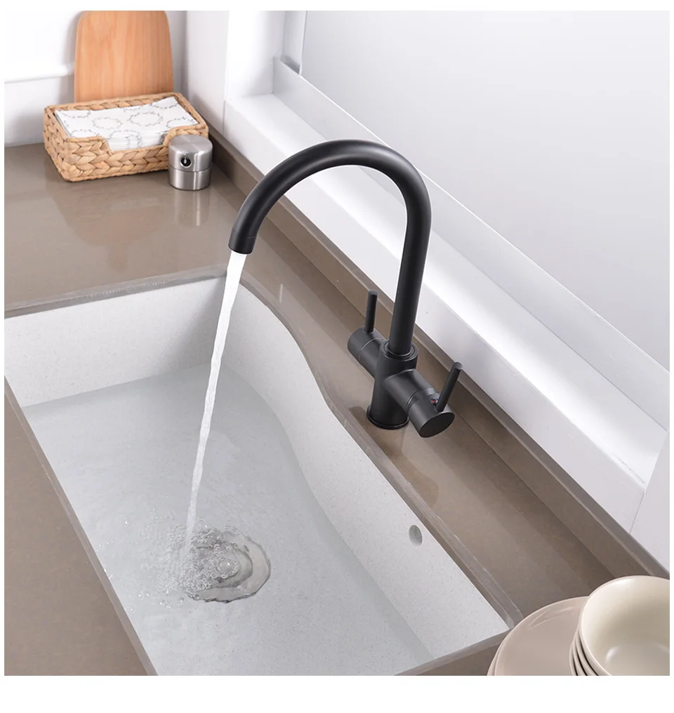 ROVATE 3-Way Sink Faucet Purified Water Hot and Cold Mixer Tap, Dual Handle Drinking Water Filter Kitchen Faucet Deck Mounted