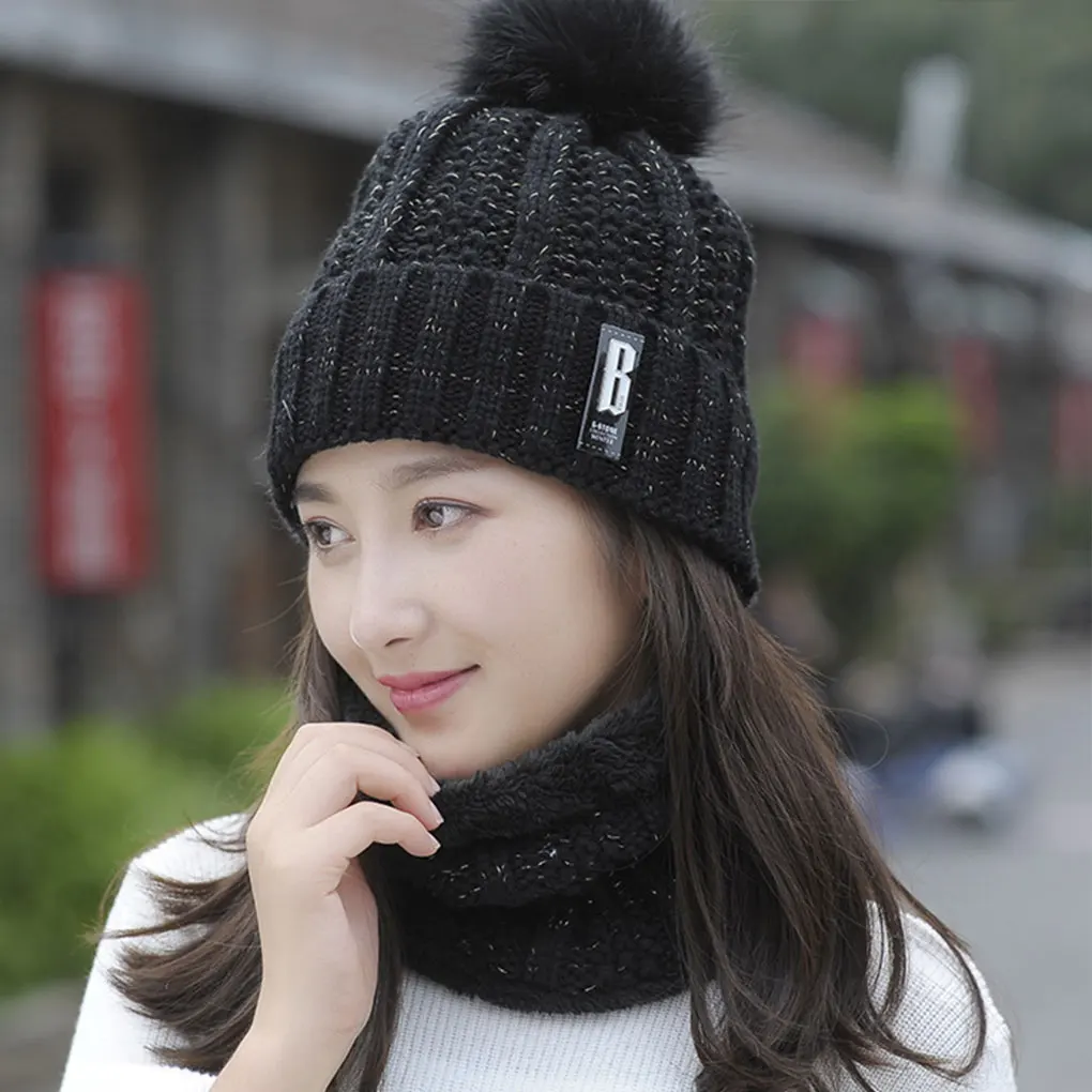 Brand Winter knitted Beanies Hats Women Thick Warm Beanie Skullies Hat Female knit Letter Bonnet Beanie Caps Outdoor Riding Sets