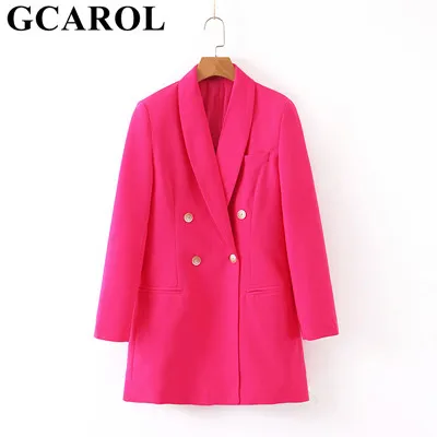 GCAROL/ женский двубортный костюм из органической кожи с зубчатым воротником, 2 кармана, ярко-розовая Осенняя зимняя офисная длинная куртка, верхняя одежда - Цвет: Rose Color