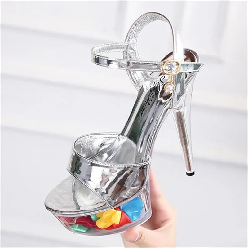

Women's 15cm High Heel Sandals Sexy Peep Toe Ankle Buckle Party Dress Pumps Lady Transparent Platform Model Catwalk Stilettos