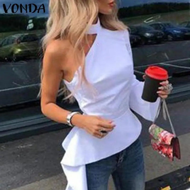 Асимметричная туника, топы, женская блузка, Весенняя сорочка, VONDA, одноцветная рубашка с длинным рукавом, женская блуза с ласточкиным хвостом, большие размеры 5XL