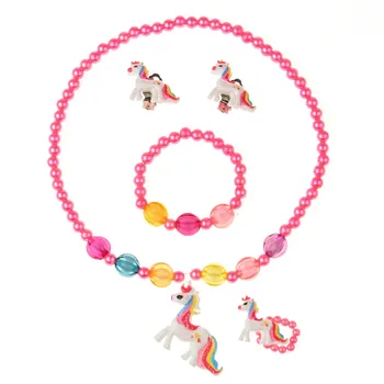 

20 Set Unicorn Children Jewelry Set Women Cute Pearl Acrylic Necklace Ear Clip Ring Elastic Bracelet Kids Jewelry Gift for Girl