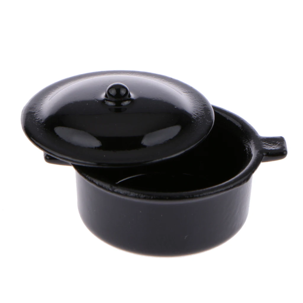 Dollhouse Miniature Kitchen Utensil Cookware Metal Casserole Dish Stew Pan Stockpot Black 12th Scale