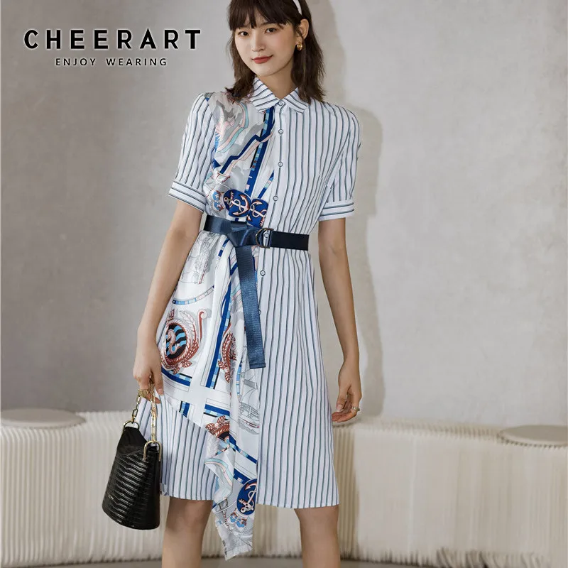CHEERART атласное лоскутное Полосатое платье-рубашка для женщин с пуговицами на