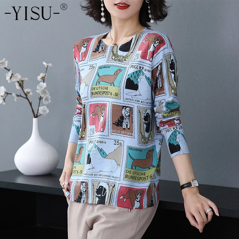 

YISU Cartoon sweater Women 2019 Autumn Winter Long sleeve O neck Cartoon dog Printed pattern thin Knitted sweaters Women