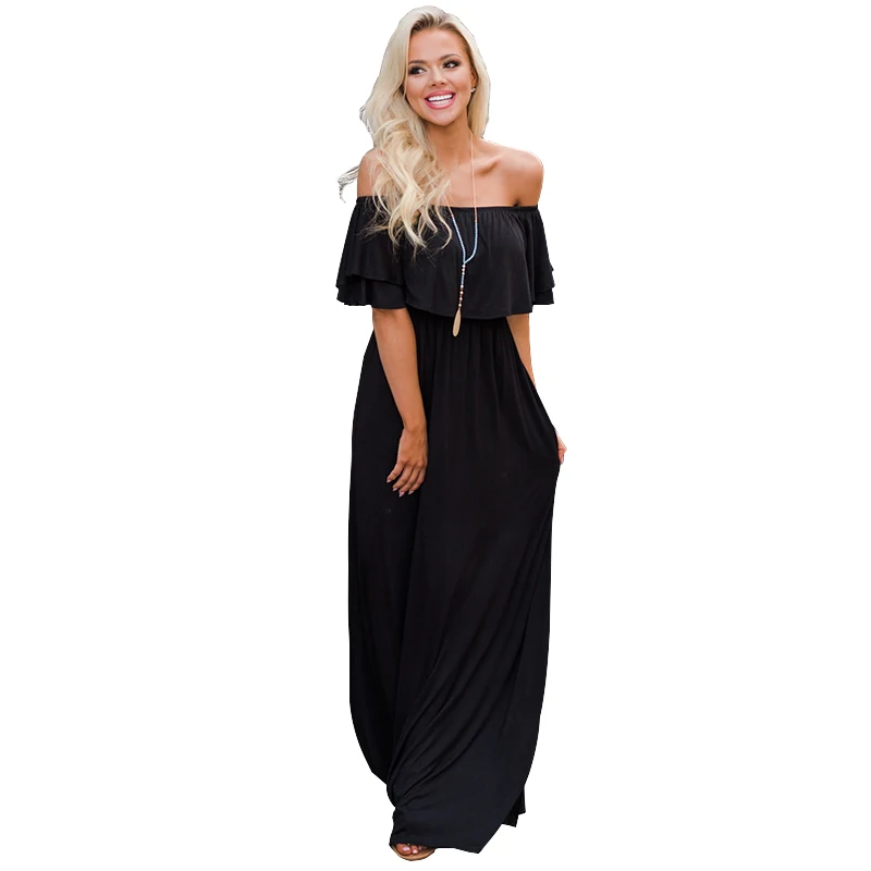 

Zoctuo Women Sexy Casual Dress Color Solid Slash collar Middle Waist Patchwork Evening Party long Dress 2019 Summer