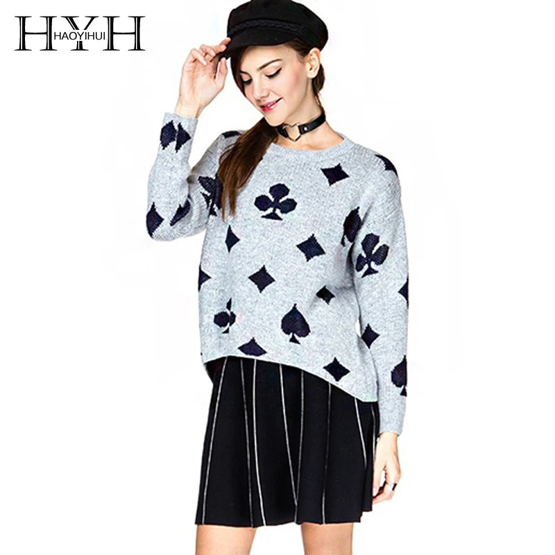 

HYH HAOYIHUI New Fashion Autumn Thin Pullover Jumper Knitted Print Long Sleeve Crewneck Casual Pullover Short Sweater Women
