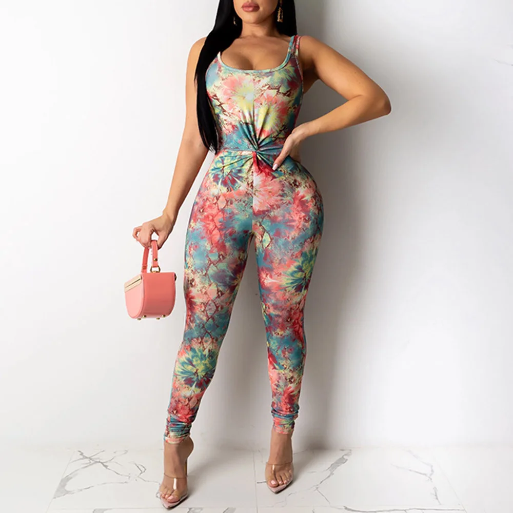 

African Women Colorful Skinny Jumpsuit Tie Dye Pleated Skinny Sexy Jumpsuit Thin Color Block Slim Fitness Jumpsuits Summer 2020