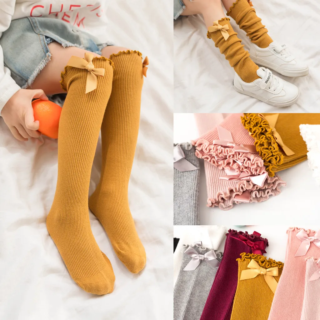 Носки для новорожденных и малышей, носки для маленьких девочек и мальчиков, одноцветные, Нескользящие, вязаные, с бантом, хлопковые, длинные гольфы, носки для малышей, носочки для девочек, новые