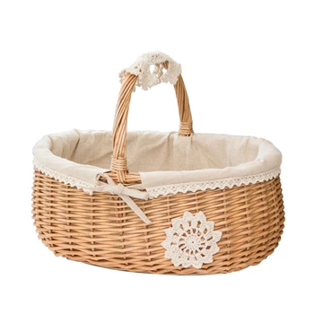 

Wicker Basket Rattan Storage Basket Box Picnic Basket Fruit Flower Baskets With Lid And Handle And White Liner For Camping