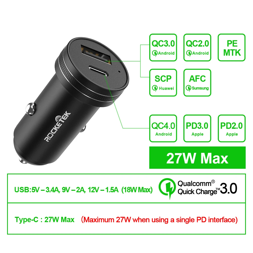 Rocketek USB Автомобильное зарядное устройство мобильный телефон Быстрая зарядка для iPhone 11 быстрая PD Xiaomi QC 4,0 QC 3,0 Для huawei P30 SCP FCP Sumsung AFC