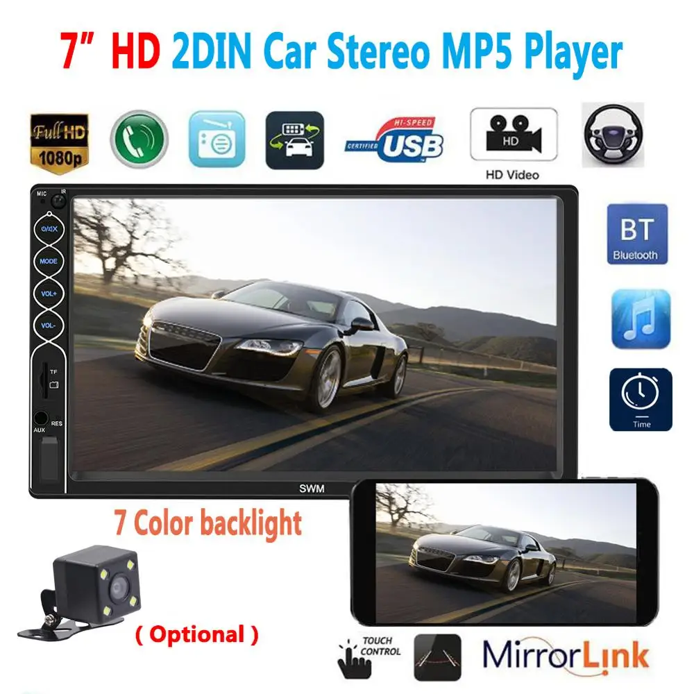 

7inch 2 Din Car Radio MP5 Stereo Receiver Auto Radio Car Stereo Audio Radio Multimedia player Mirror Link Support Rear Camera