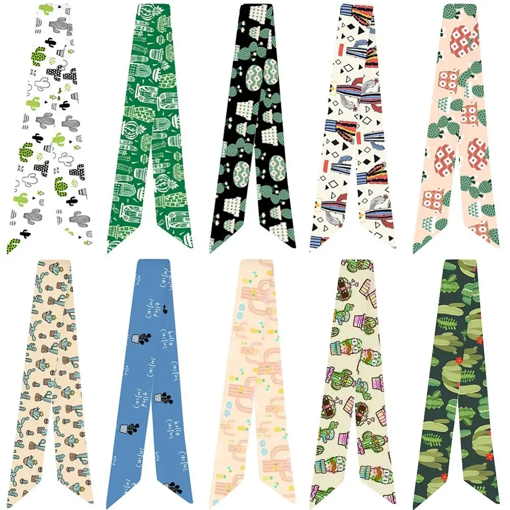 

Small fresh cactus pattern printing Variety bag handle tie wrap silk scarf small scarf Hair Ribbons Fashion