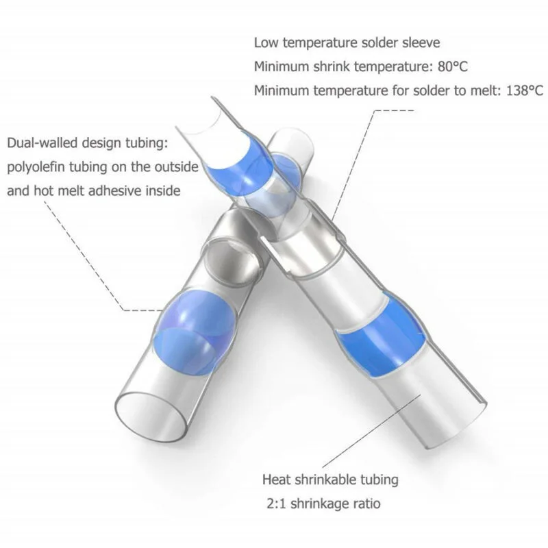 

Cable Heat Sleeve Shrink Wrap 100pcs Kit Set Blue Solder Seal Butt Splice 16-14AWG Copper IP 67 Tube