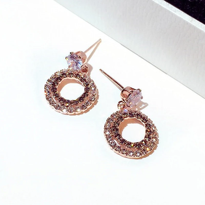Korean Trendy Full Rhinestone Hollow Earrings for Women Transparent Zirconia CZ Stud Earrings Wedding Bridal Pendant Accessories