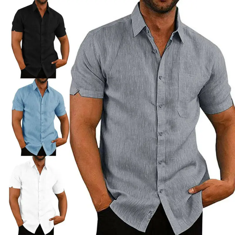 Hirigin Mens Blouse Short Sleeve Baggy Button Summer Solid Comfortable Casual Loose Holiday Shirts Tee Tops men casual shirt