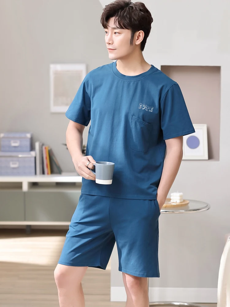 mens silk pajama set NANJIREN New Spring Men Pajamas Set Home Casual Light Blue 100%Cotton Short Sleeves O-NECK Shirt Shorts Pajamas Set for Men mens cotton pyjamas