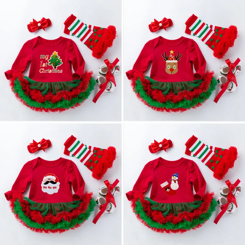 Baby Girl Dress Set My First Christmas Costume Tutu Dresses NewbornToddler Girls Outfits 4pcs Red Romper Shoes Headband Socks | Детская
