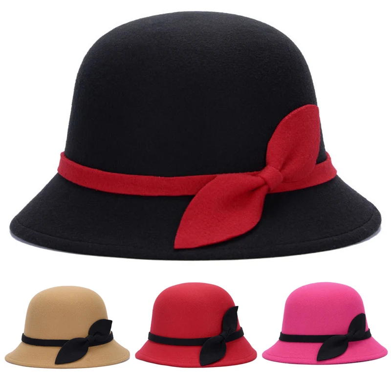 Элегантная официальная Женская шерстяная шляпа, теплая фетровая зимняя фетровая Кепка с цветами, шляпа-котелок для девушек, вечерние, свадебные, церковные шляпы