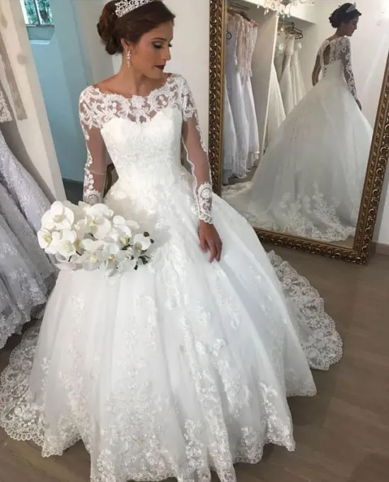 Vestidos De Novia арабский Свадебные и Бальные платья с длинными рукавами с кружевной аппликацией; Иллюзия Тюль свадебное платье свадебные платья