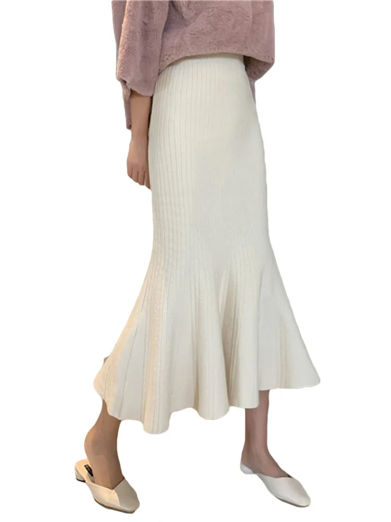 Женская осенне-зимняя трикотажная длинная юбка, новинка, высокая талия, трикотажная юбка русалки, Однотонная юбка на бедрах, гофрированная вязанная длинная юбка ML276