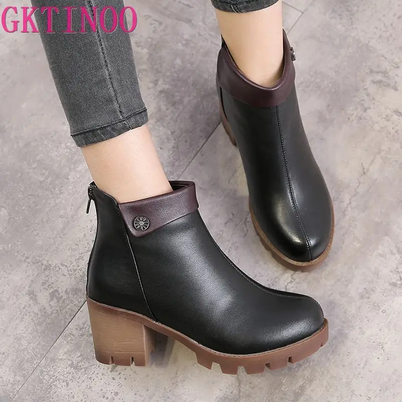 GKTINOO/Модные женские ботинки на платформе с квадратным каблуком; zapatos mujer; ботфорты из натуральной кожи; ботинки в байкерском стиле; Лидер продаж
