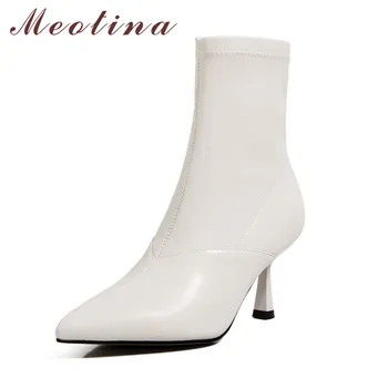 

Meotina Ankle Boots Women Shoes Genuine Leather High Heel Short Boots Pointed Toe Stiletto Heels Zip Felmale Boots Autumn Winter