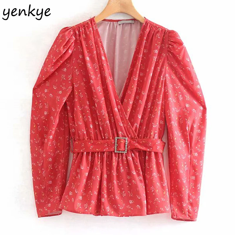 2019 Женская болеро с длинным рукавом цветочным принтом красная блузка Femme Cross V шеи