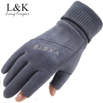 

Autumn Winter Men Full Finger Gloves Two Fingers Cut Sports Fishing Fitness Guantes Suede Warm Windproof Mittens High Quality