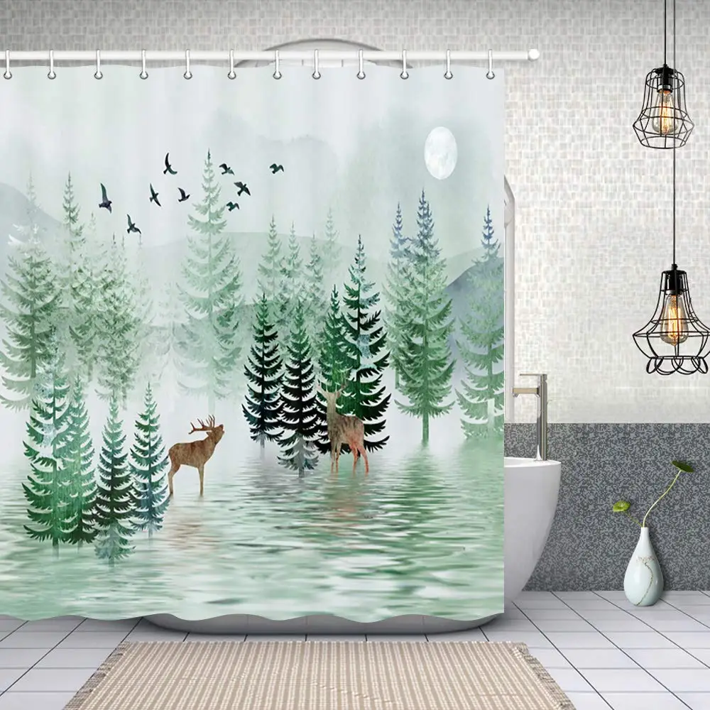 

Nature Forest Landscape Safari Moose Shower Curtain Set, Polyester Fabric Rustic Watercolor Pine Tree Bird Forest with Wildlife
