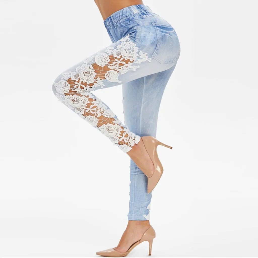 Сексуальные кружевные джинсы, женские облегающие длинные джинсовые штаны, лоскутные эластичные узкие брюки, офисные женские брюки с цветочной аппликацией Highstreet