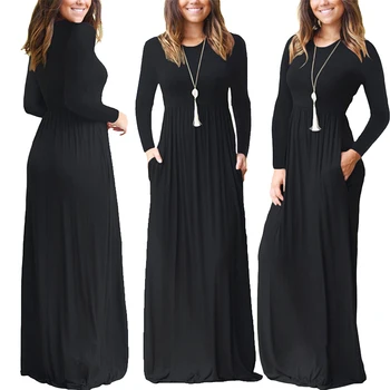 

O Neck Birthday Maxi Big Pendulum Party Long Sleeve Soft Women Dress Slim Fit With Pockets Shopping Solid Elastic Waist Daily