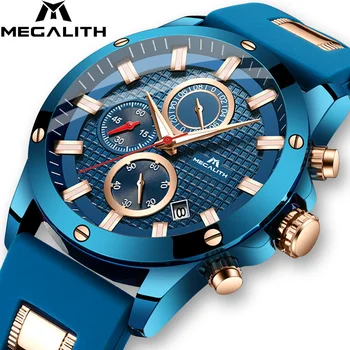 

MEGALITH Mens Watches Top Brand Luxury 2020 Quartz Sports Watch Genuine Rubber Strap Blue Clock Waterproof Chronograph 0140