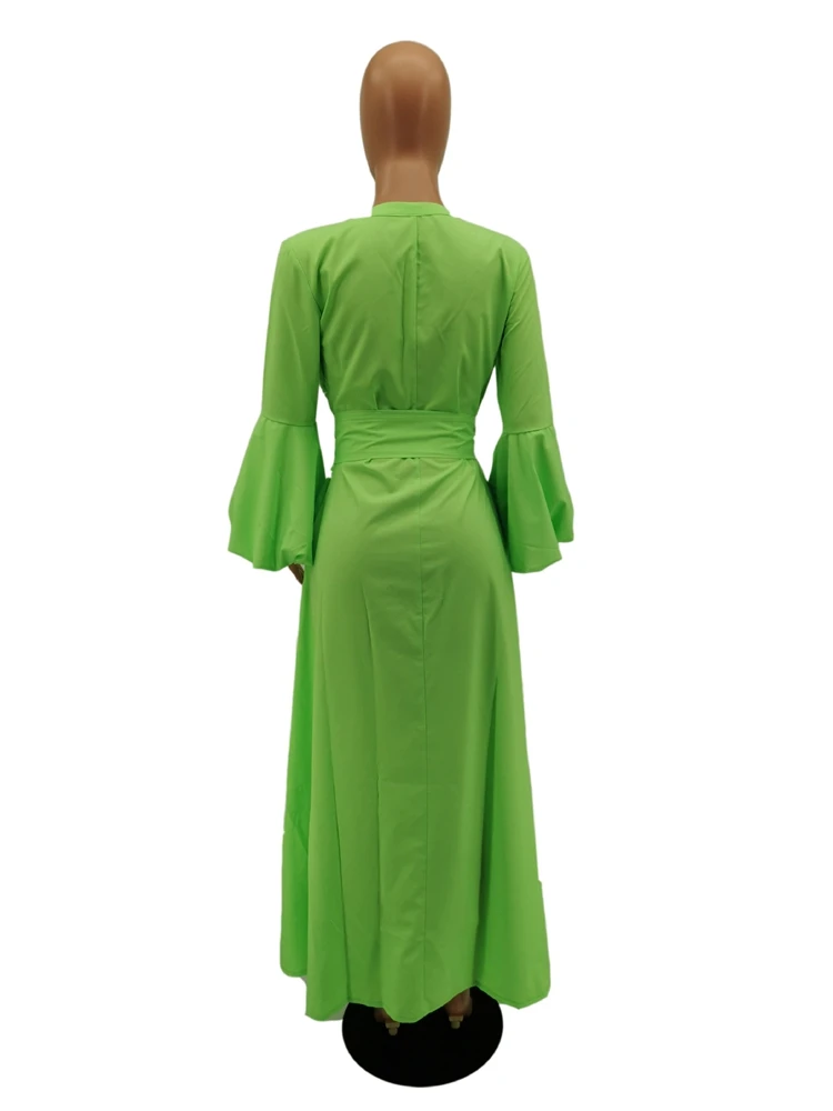 Стильное женское неоново-Зеленое Длинное Платье-рубашка с рукавами-фонариками летнее женское платье с v-образным вырезом на пуговицах спереди повседневное свободное элегантное платье