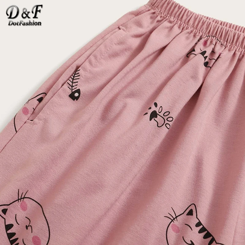 Dotfashion пижама с принтом кошки и рыбьей кости для женщин, комплект из футболки и штанов, летняя одежда для сна с коротким рукавом, Женский пижамный комплект