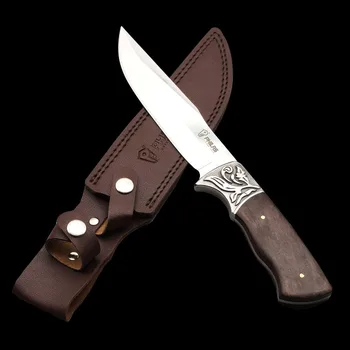 

ToughKeng Outdoor Hunting Fixed Blade Knife Steel + Wood Handle Survival Multi-purpose Knives with Leather Sheath