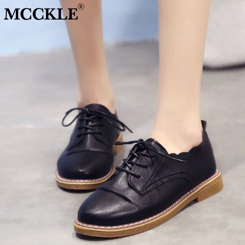

MCCKLE Autumn Flat Shoes Lace Up Leather Sewing Fashion Ladies Comfort Platform Casual Classic Female Shoe 2019 New Footwear