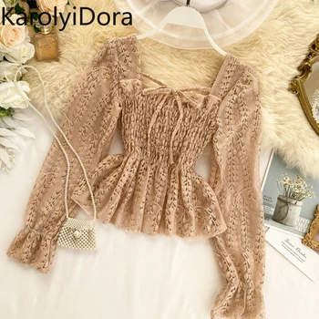 

2020 Chic Ruffled Elastic Waist Slimming Square Collar Long Sleeve Hollow Lace Blouse Woman Solid Color Elegant Shirts Tops