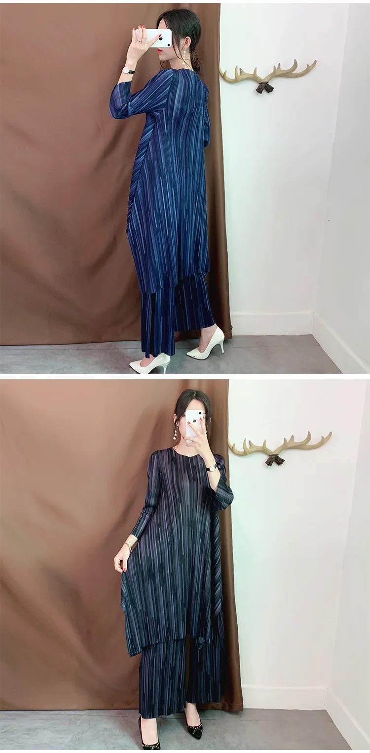 LANMREM Новая Осенняя плиссированная винтажная женская одежда пуловер с круглым вырезом платье и широкие брюки комплект из двух предметов WJ26302