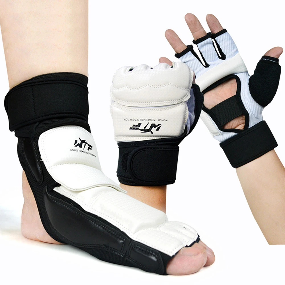 Защитные перчатки для взрослых детей Защита ног для занятий тхэквондо лодыжки ПУ поддержка боевые щитки для ног обувь для кикбоксинга защита для ладоней