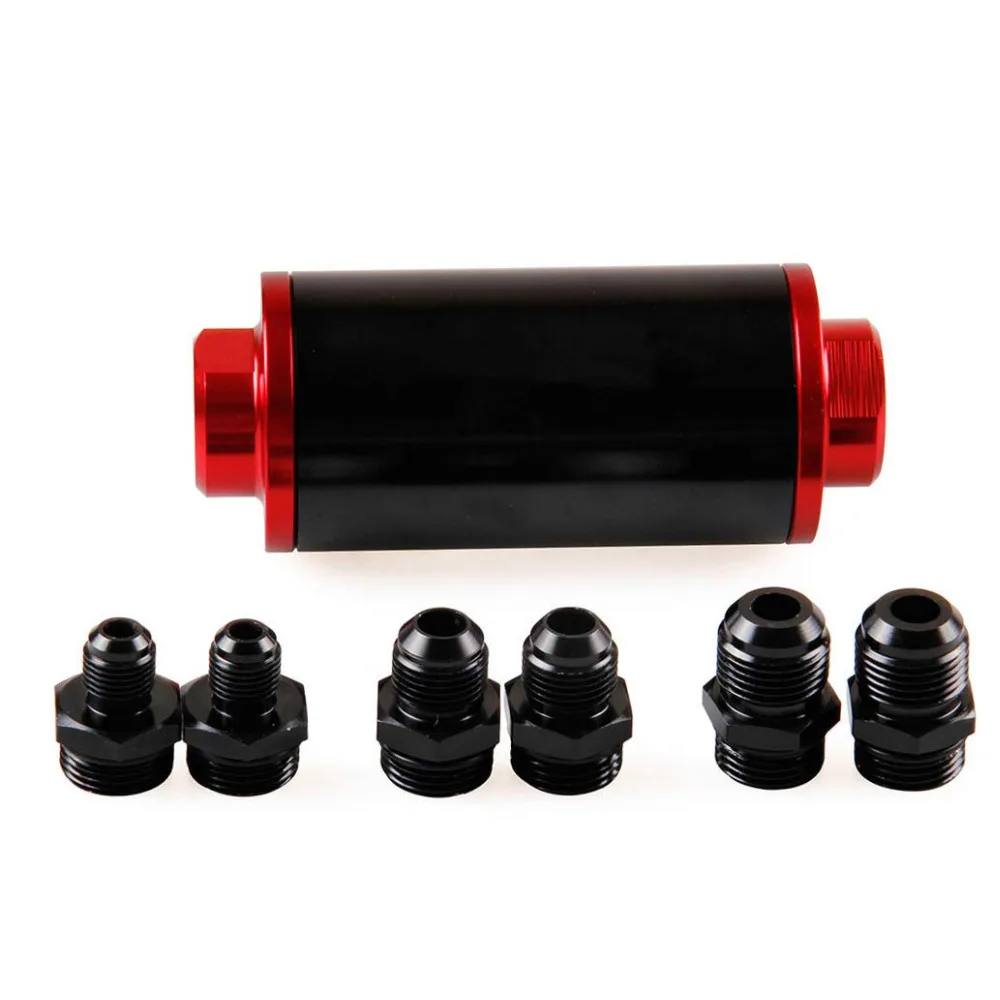 

58mm Red Filter 100 Micron Cleanable Inline Fuel Filter Mount Universal High Flow Turbo 6AN 8AN 10AN Adapter