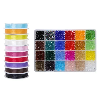 

10 Rolls of Crystal Elastic Beading Cord Thread Mixed Color---0.6mm & 1 Box 24 Colors 6mm Crystal Glass Beads with Hole