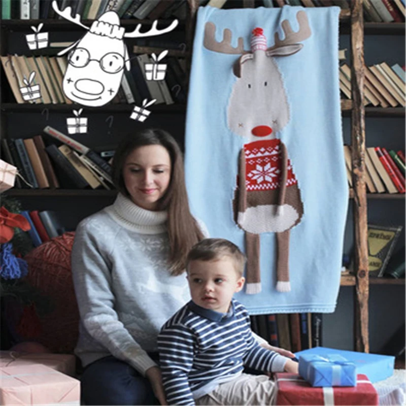 60*120cm Christmas Deer Elk Print Blanket Stereo Ear Blankets Warm Children Crochet Knit Beach Mat Towel Xmas Baby Blanket