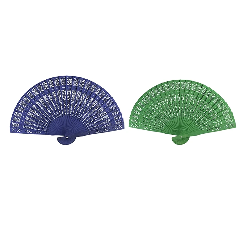 Best 2 Pcs 8 Inch Chinese Japanese Folding Fan Wooden Hand Flower Bamboo Pocket Fan for Home Decor Party Decoration, Blue amp; Green
